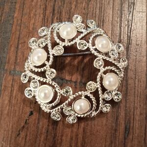 Napier Silver Toned Faux Pearl & Rhinestone Brooch